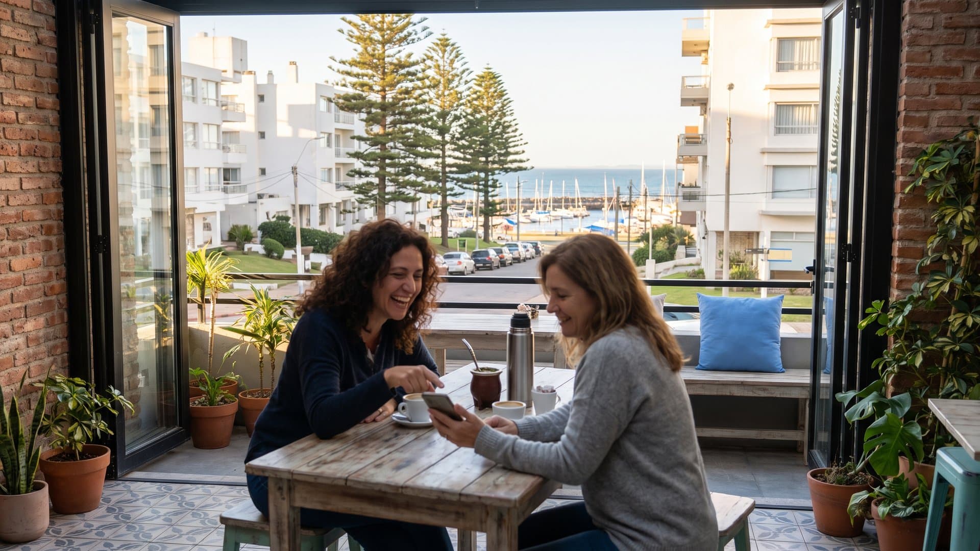 Dos amigas emprendedoras charlan con un café en una terraza de Punta del Este
