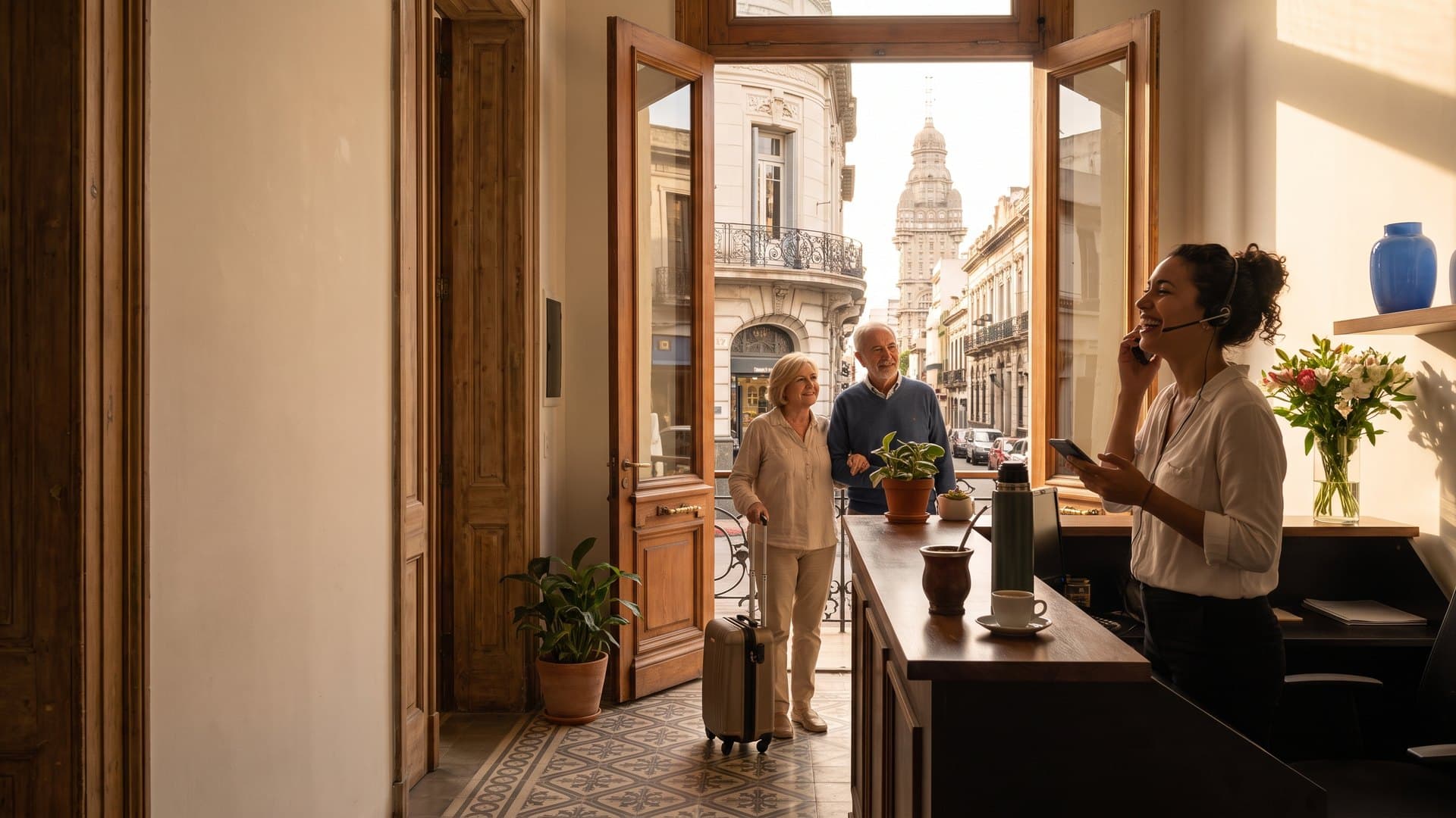 Recepcionista sonriente hablando por teléfono con auricular en la recepción de un pequeño hotel familiar de Ciudad Vieja, con mate y termo sobre el mostrador; una pareja mayor con valija espera en la puerta abierta, y afuera se ven los balcones de hierro y el Palacio Salvo