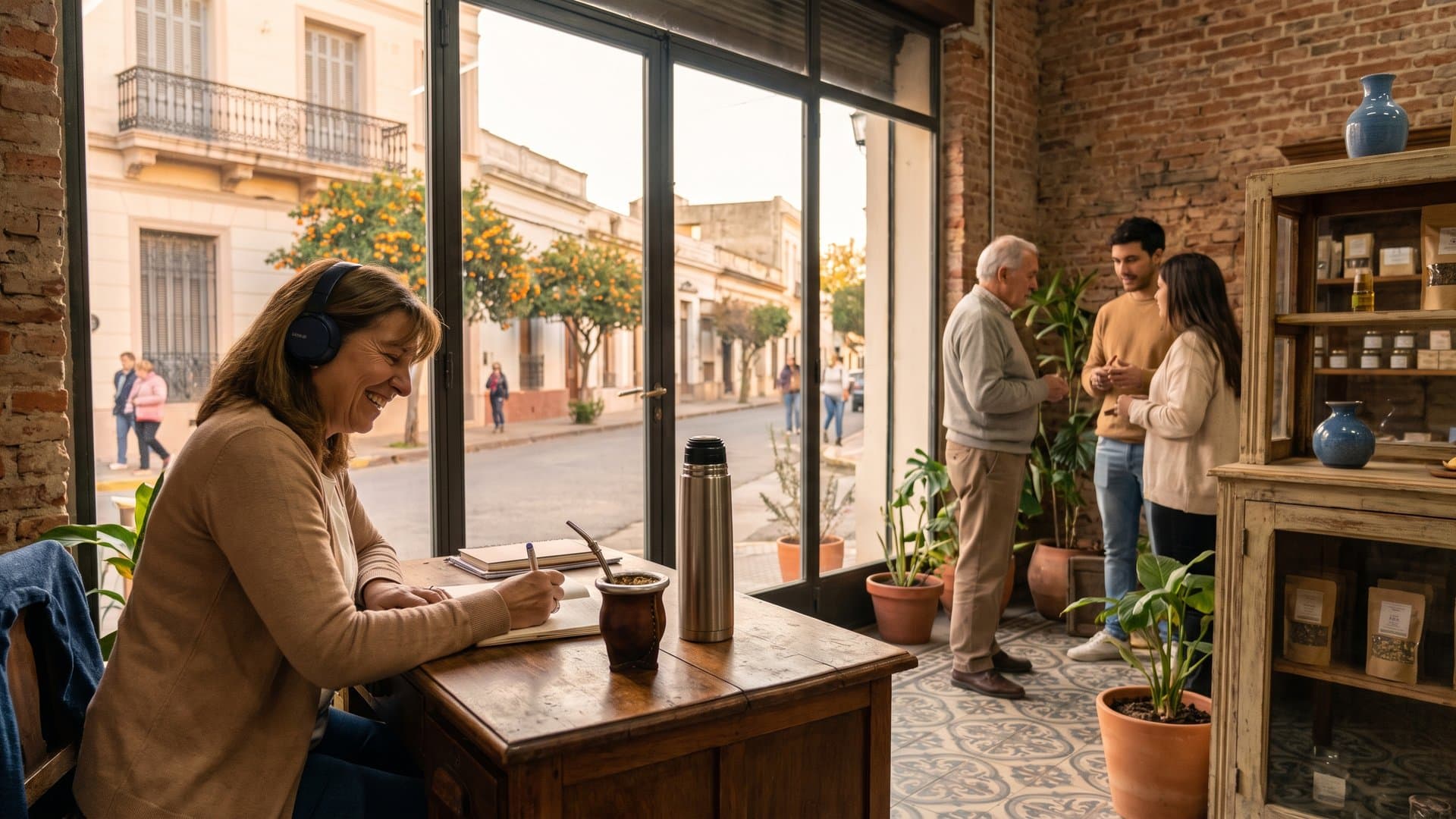 Dueño de un comercio con auriculares escucha una llamada y toma notas, con mate y termo al lado