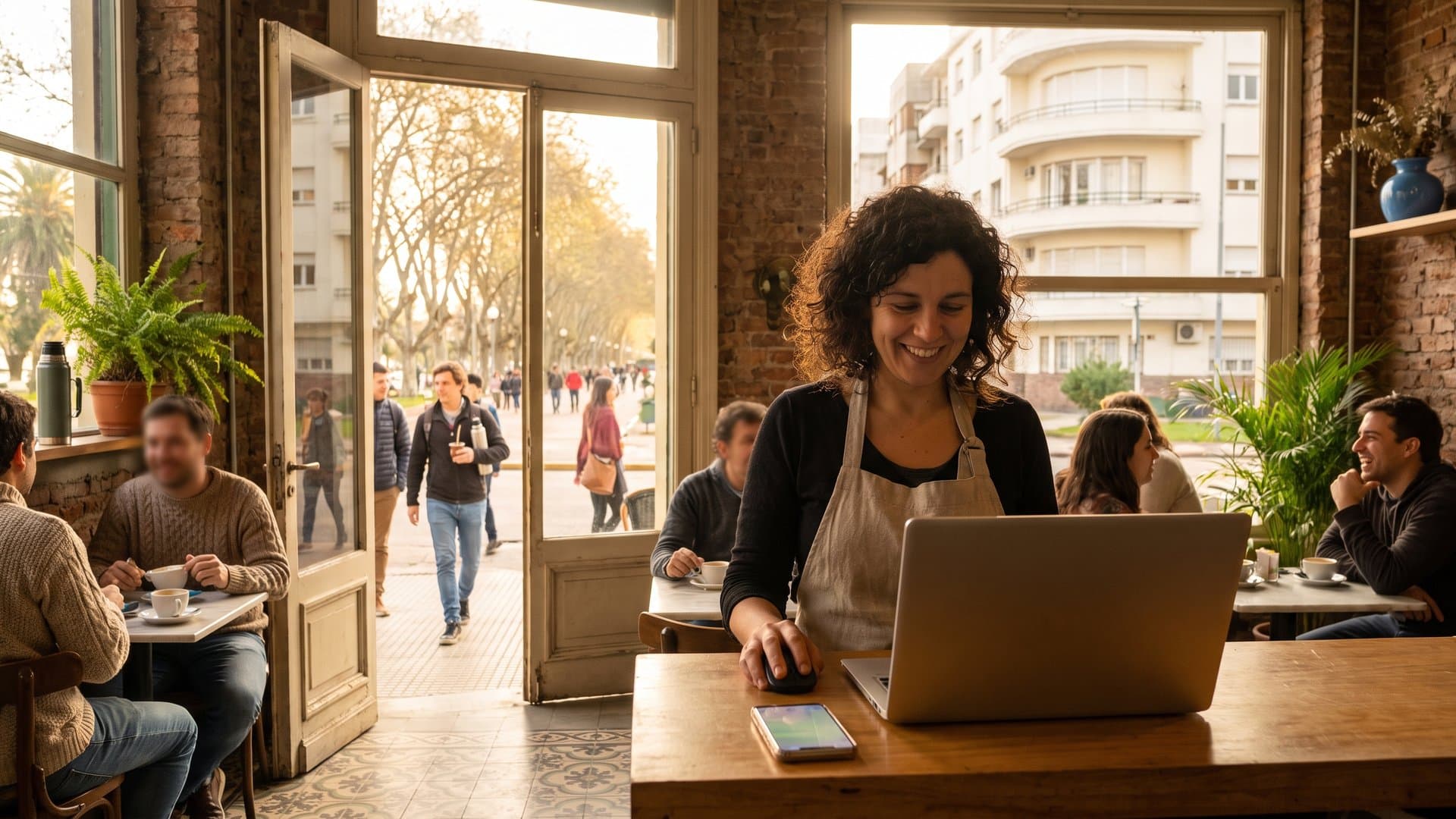 Dueña de un café configura todo en la computadora mientras el teléfono se ilumina sobre el mostrador