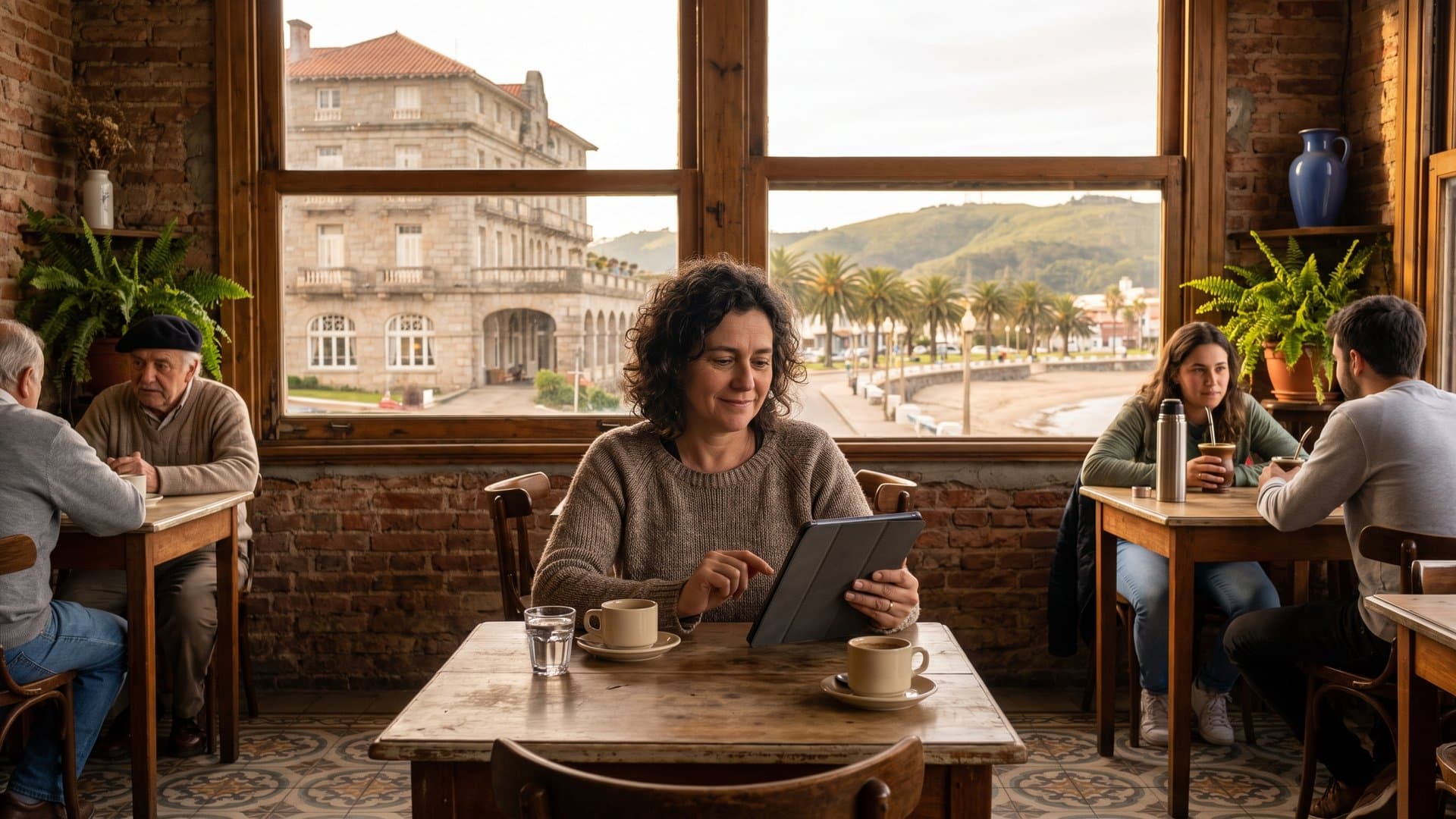 Emprendedora compara dos opciones en una tablet en un café de Piriápolis