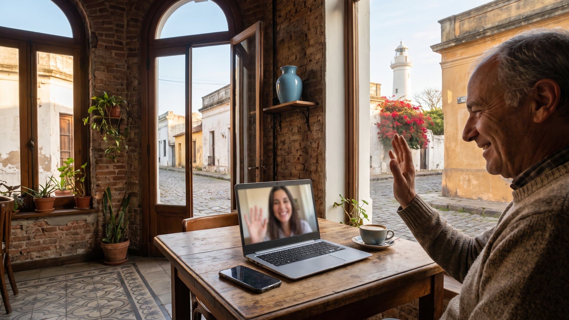 Mesa junto a la ventana con computadora, teléfono y una taza de café, en una casa de Colonia