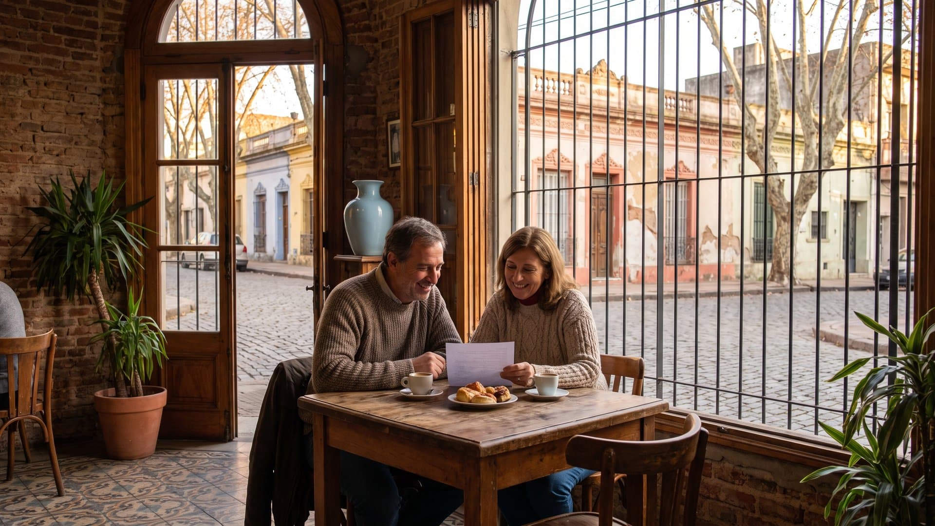 Pareja que atiende una panadería de barrio repasa un plan simple con café y bizcochos