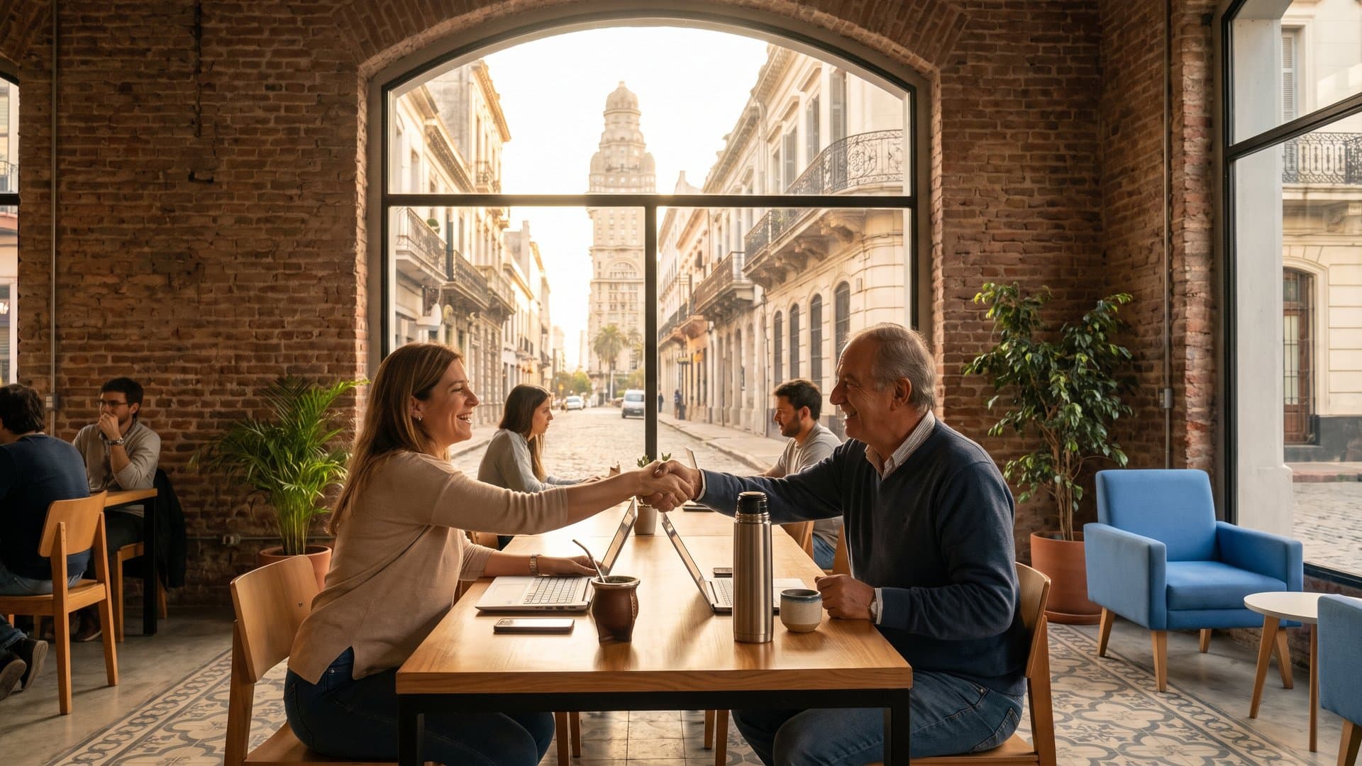 Dos emprendedores se dan la mano en un coworking luminoso, con mate y termo sobre la mesa